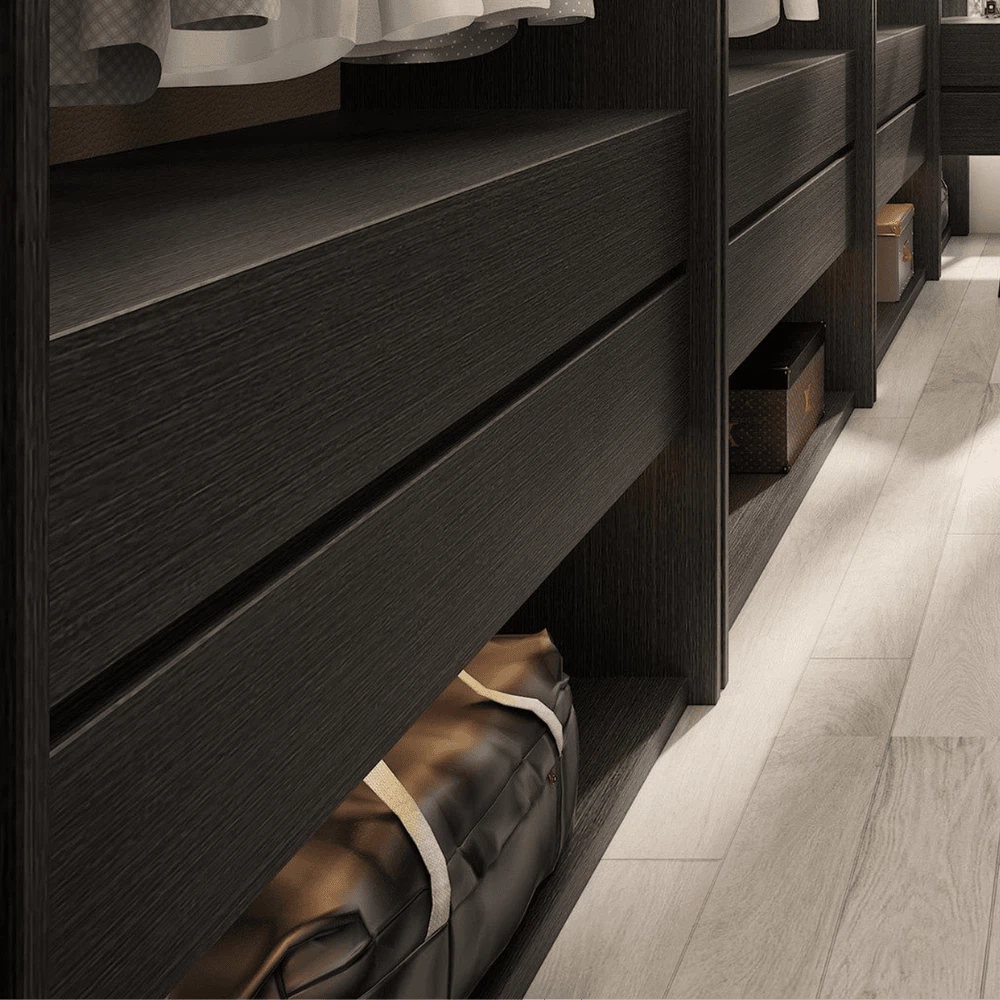 Dark wood wardrobe drawers and storage compartments in modern interior design Dark wood wardrobe drawers and storage compartments in modern interior design